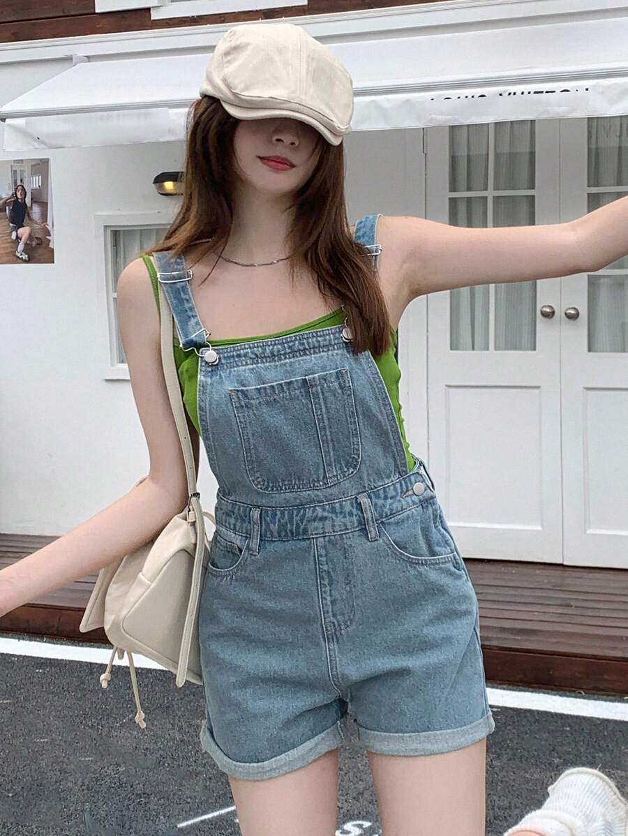 DAZY Salopette casual in denim lavato con orli sfilacciati per l'estate