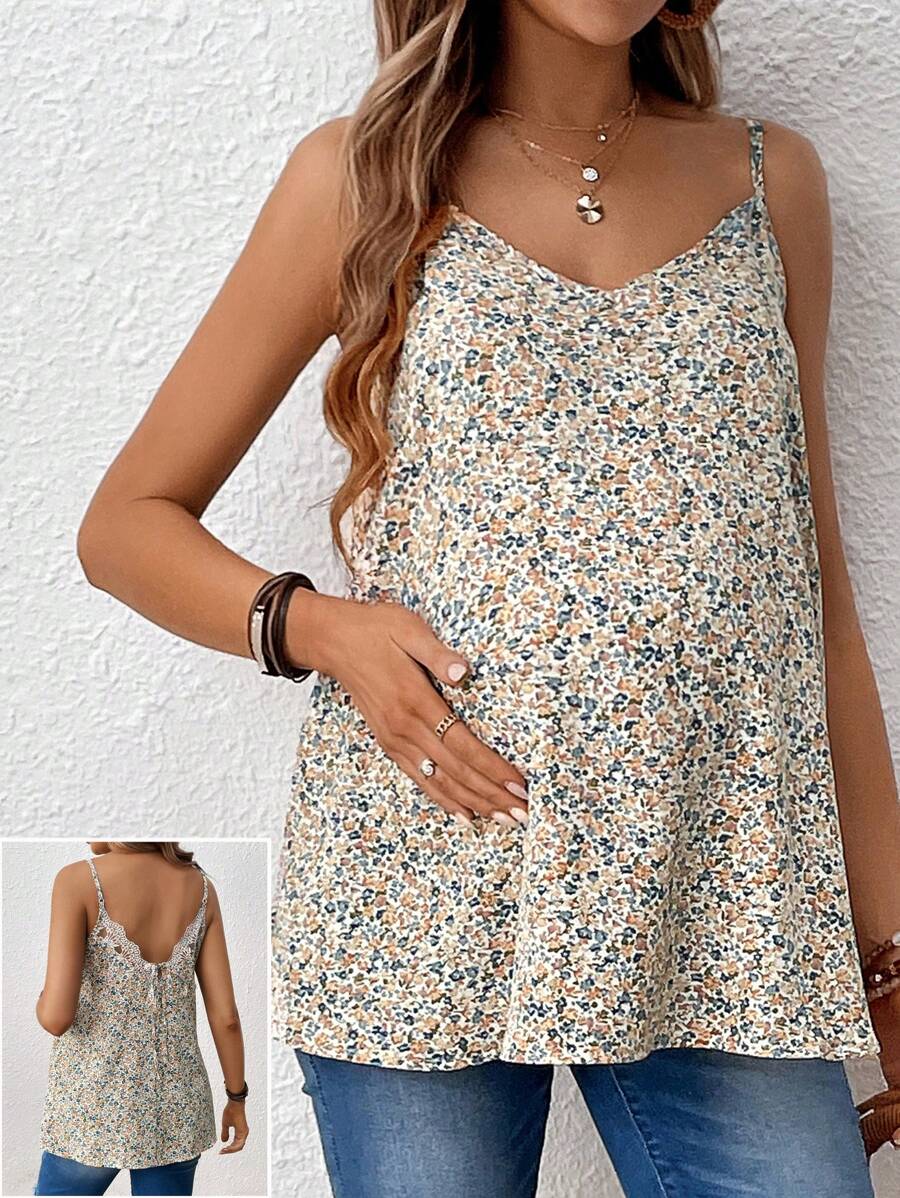 SHEIN Top de tirantes suelto con estampado floral para embarazadas para vacaciones de verano