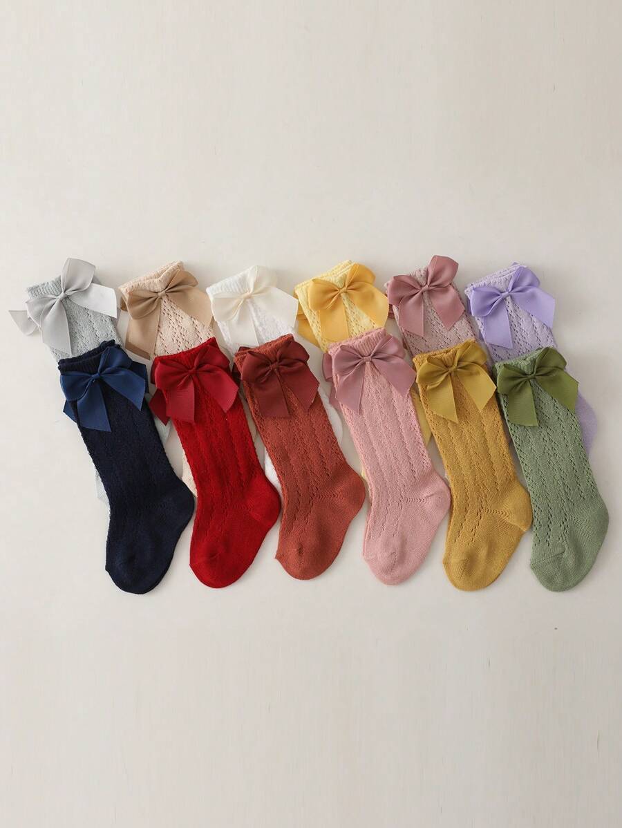 2 pares de Meias Altas com Dobra de Laço para Meninas, Estilo Doce Elegante para o Cotidiano