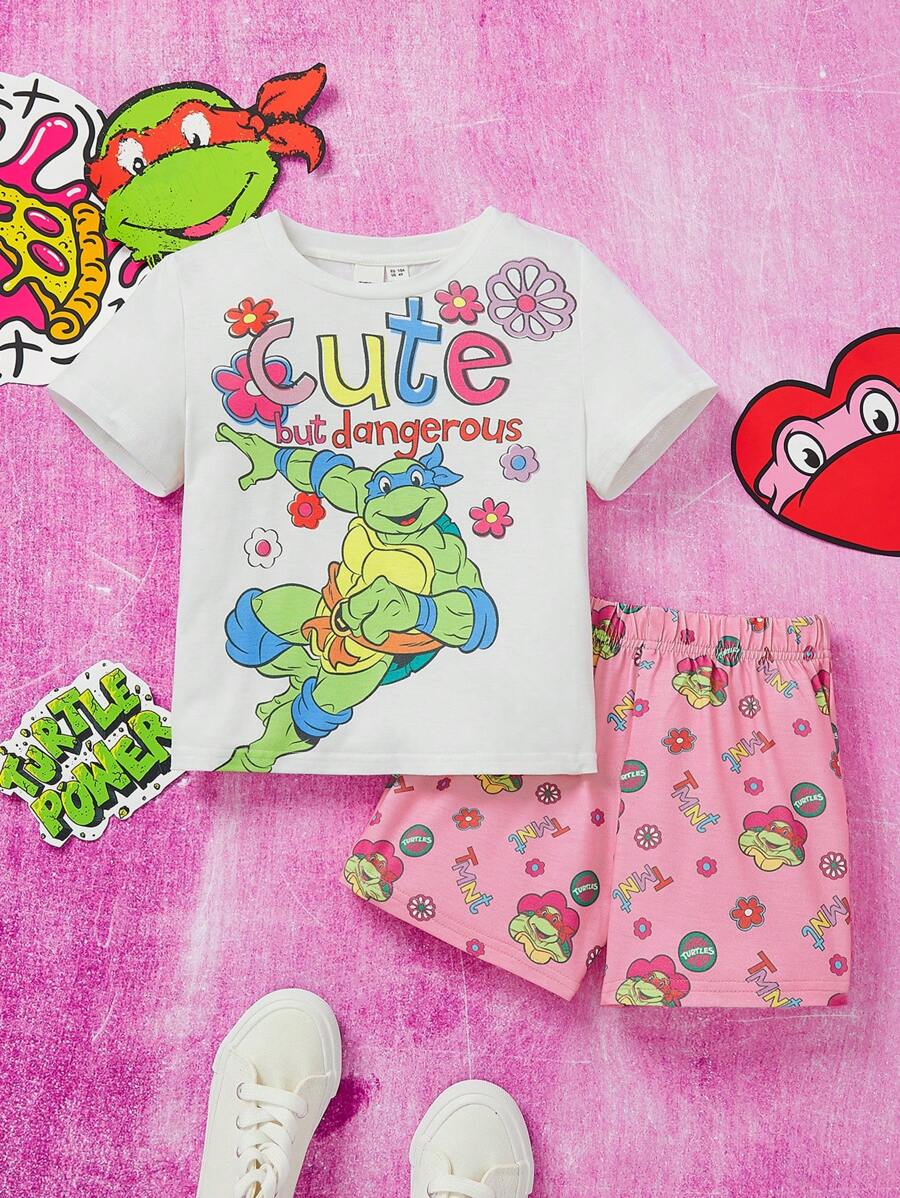 TEENAGE MUTANT NINJA TURTLES X SHEIN Set pigiama con top e pantaloncini con grafica di lettere e cartoni animati per ragazze giovani