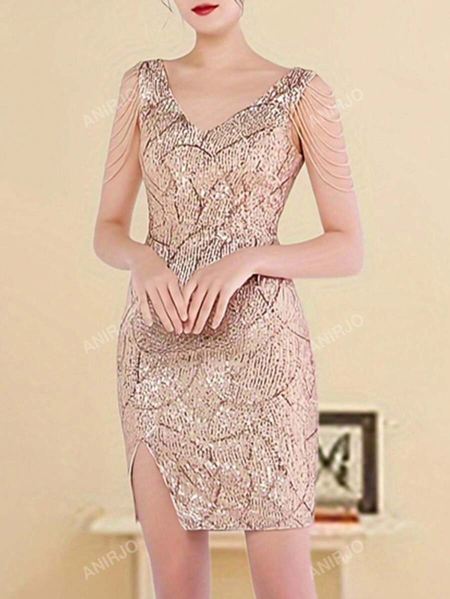 Vestido con cuello en V sin mangas, decorado con lentejuelas y cadena de cuentas, con abertura en el bajo. Vestido de gala formal elegante de mujer para fiestas de cóctel, bodas, graduaciones, cenas y fiestas de regreso a casa