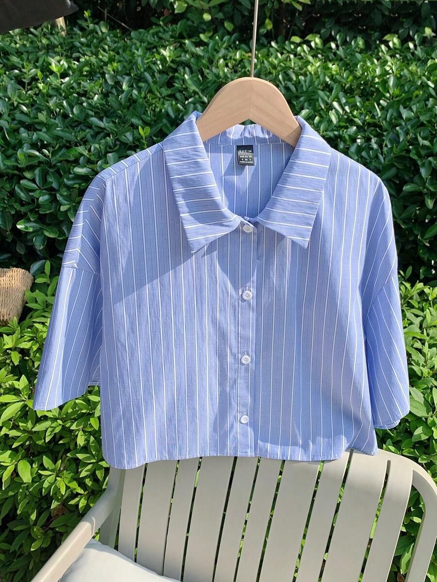 Comfortcana Blue Striped Loose Cropped Shirt