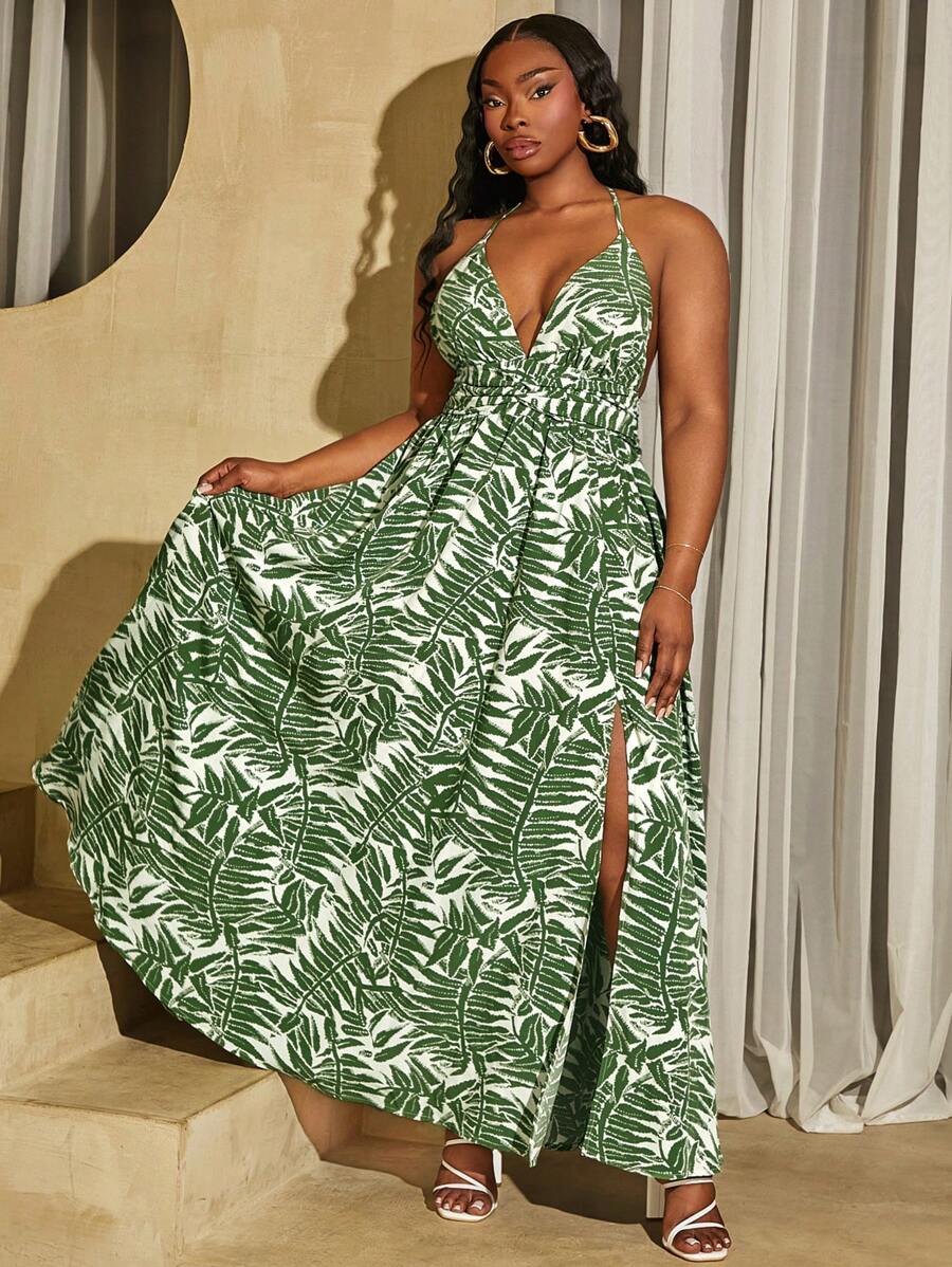SHEIN SXY Vestido de talla grande con estampado de plantas al azar y cuello halter con lazo