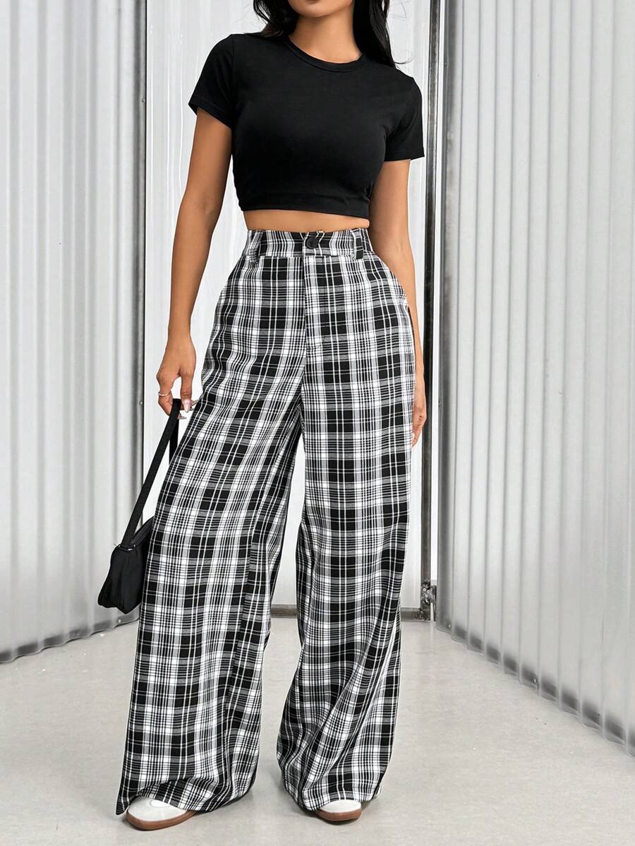 Flirla Women's Plaid Loose Wide Leg Pants