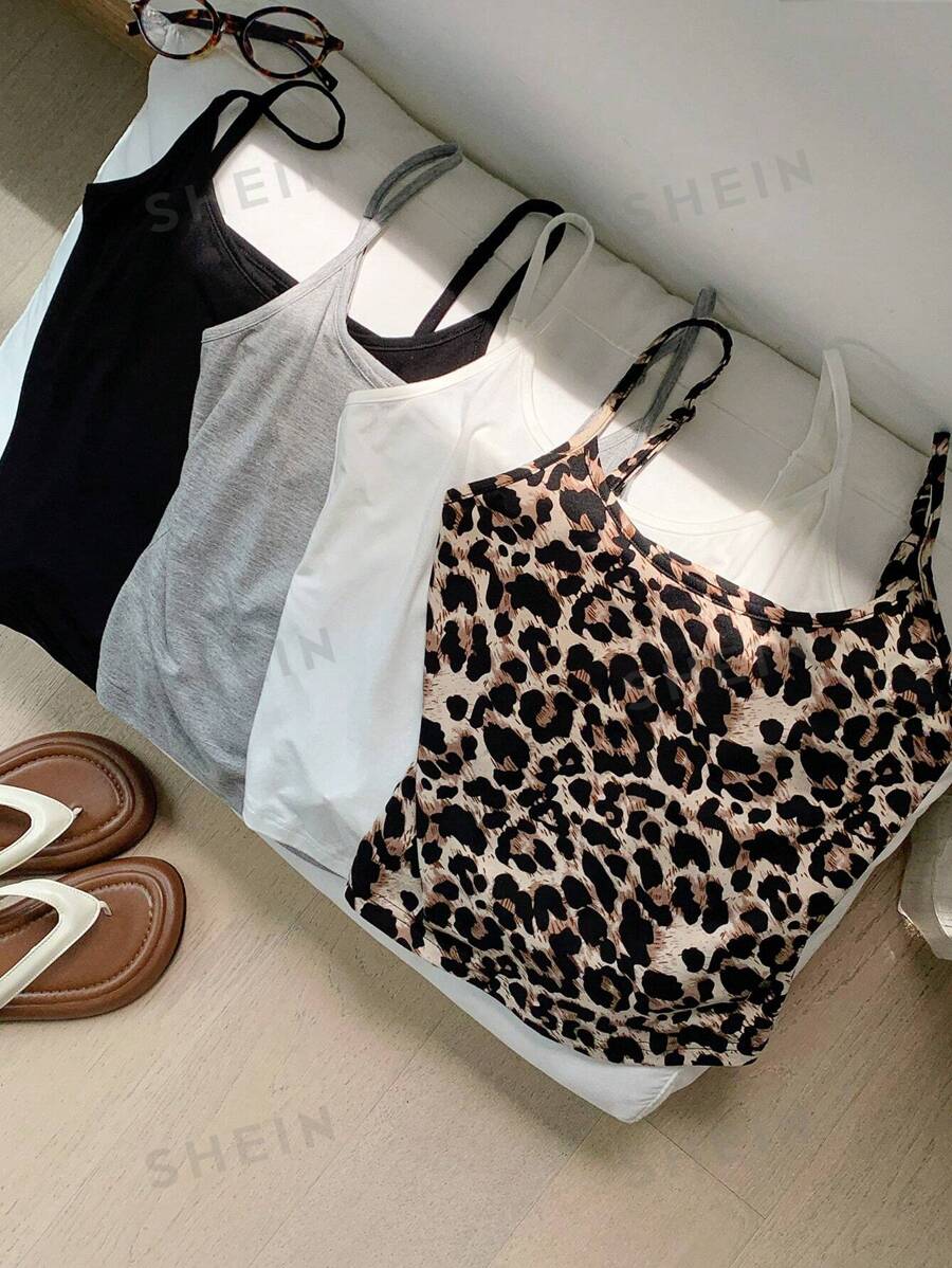 Comfortcana Set de 4 camisetas de tirantes de verano con estampado de leopardo y unicolor para mujeres de talla grande