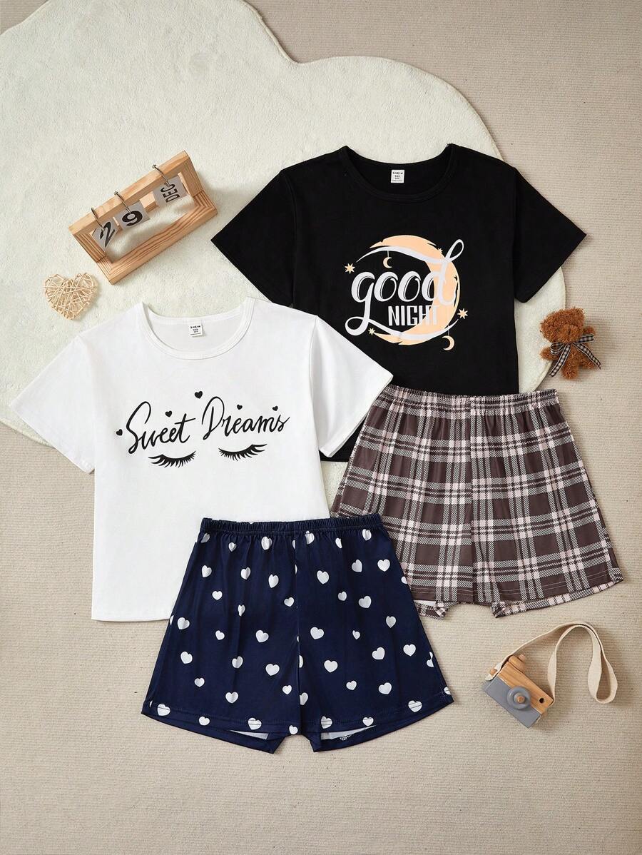 Conjunto de dos piezas para niña preadolescente, simple y elegante, con pantalones cortos estampados y camiseta de manga corta, ropa para estar en casa
