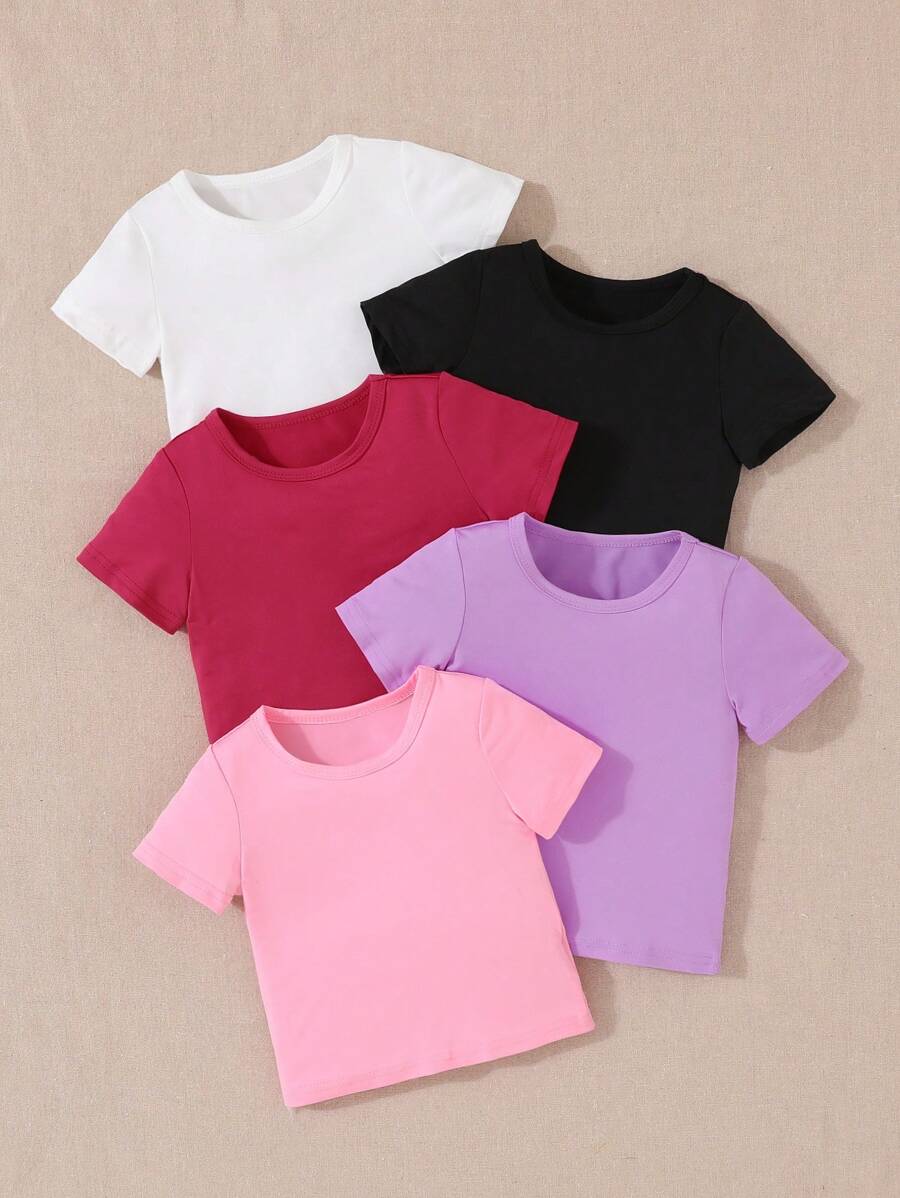 Conjunto de 5 piezas de camisetas de manga corta informales con cuello redondo para bebé niña para el verano