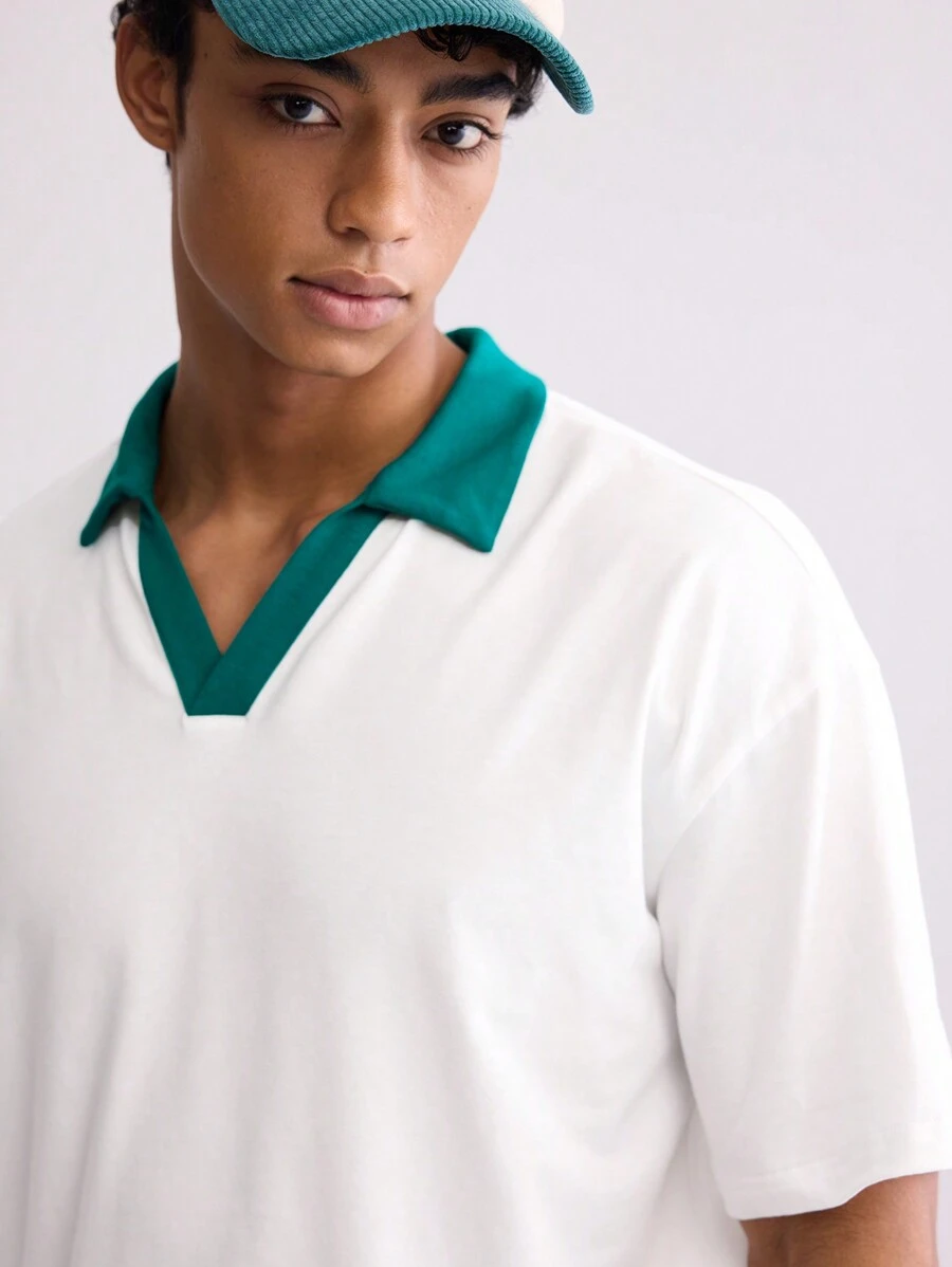 Forever 21 Men's Relaxed Polo Shirt With Contrast Collar In White