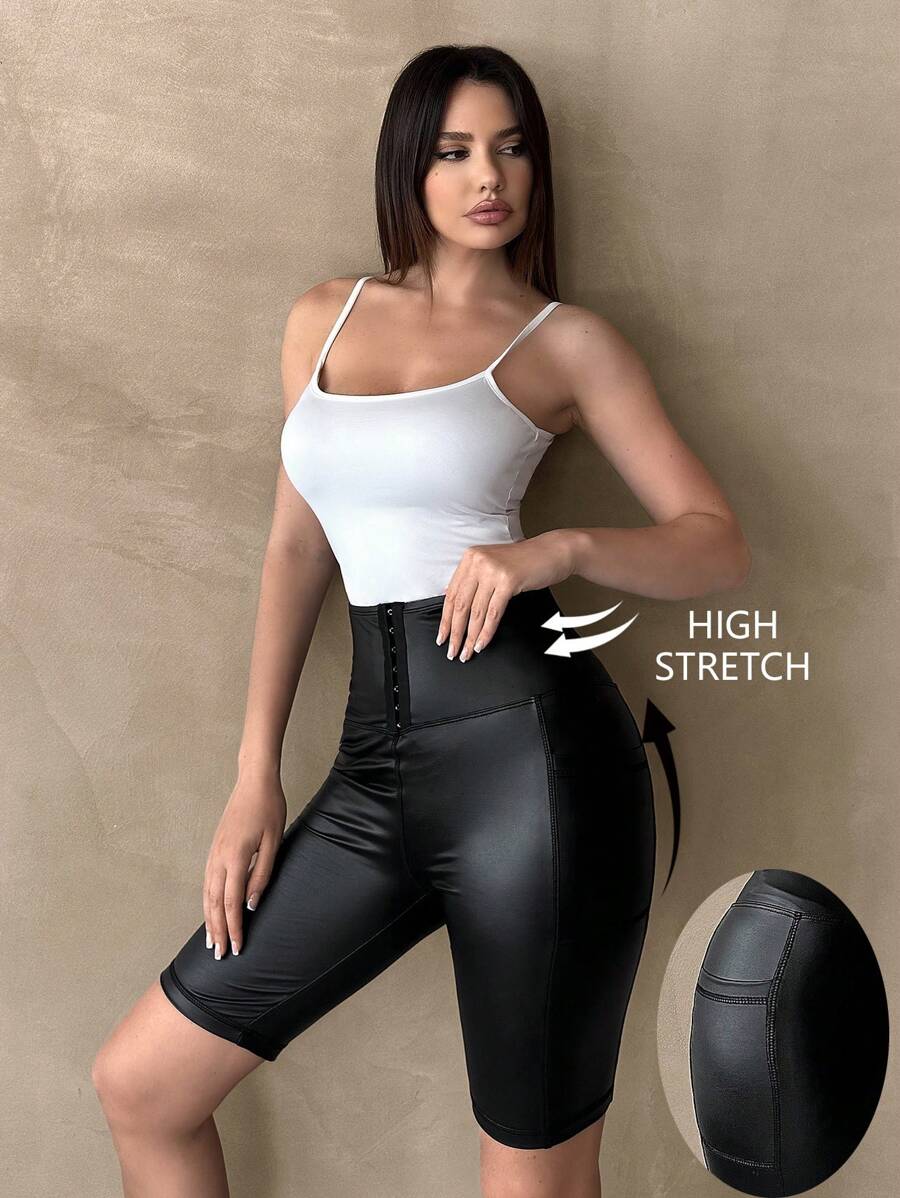 SHEIN Essnce Pu Leather Shorts High Waisted Shorts Women Shorts 2- Pockets Black High-Waisted Stretchy Leggings, Summer