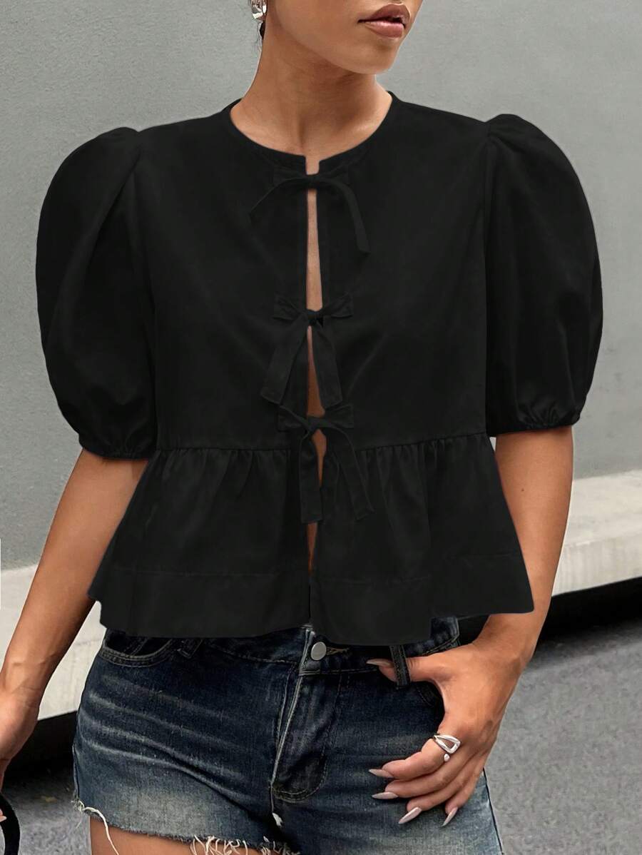 SHEIN EZwear Solid Color Round Neck Tie-Up Women's Shirt With Ruffled Hemline, Summer