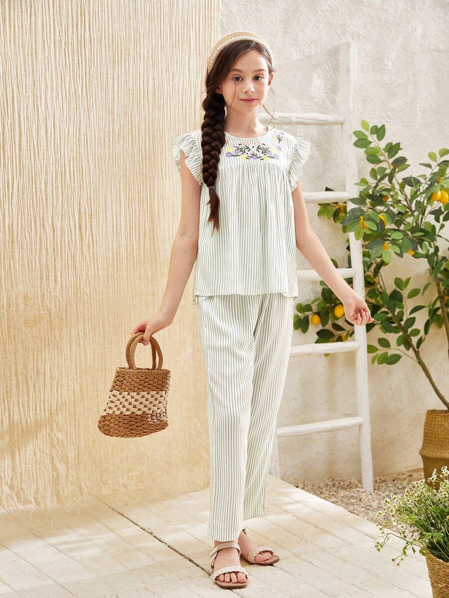 SHEIN Tween Girl Embroidered Flower Texture Striped Shirt And Long Pants Lightweight Casual Summer 2pcs Outfits