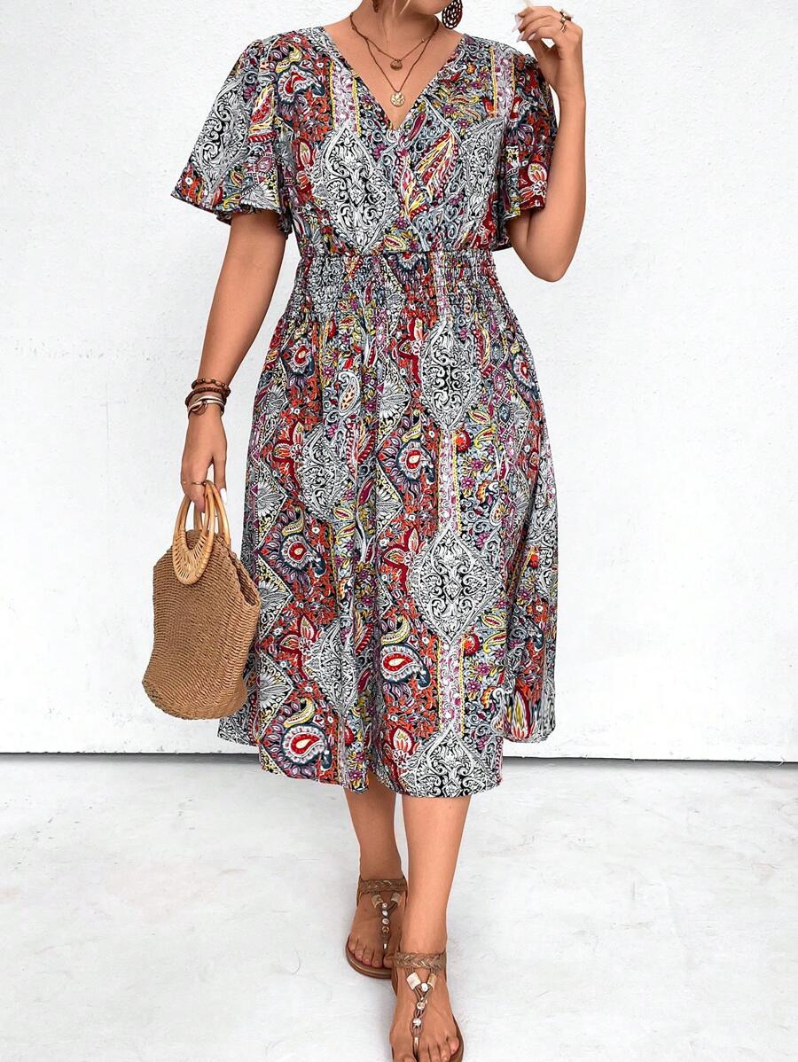 SHEIN LUNE Plus Size Retro Printed Tie-Back Summer Beach Dress