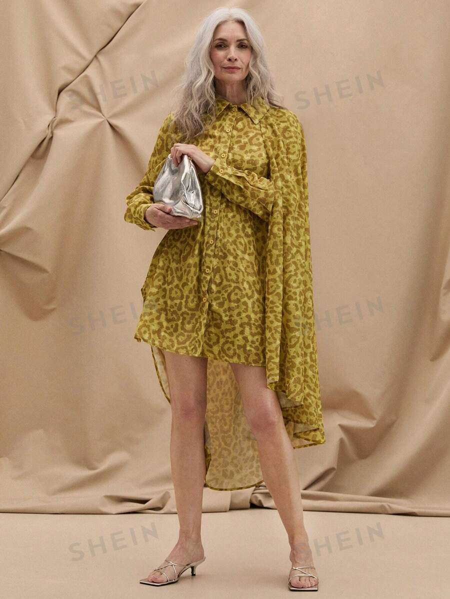 Miaspire Vestido-camisa de capa de Jacquard de leopardo amarillo vintage y elegante para damas, para el verano