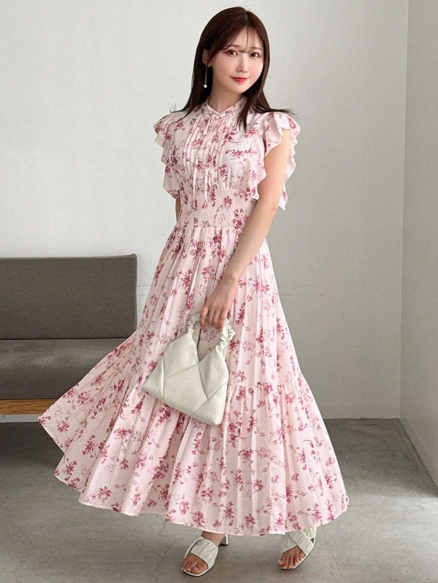 FRIFUL Women's Summer Floral Printed Cap Sleeve Midi Dress With Ruffled Trim Sundress