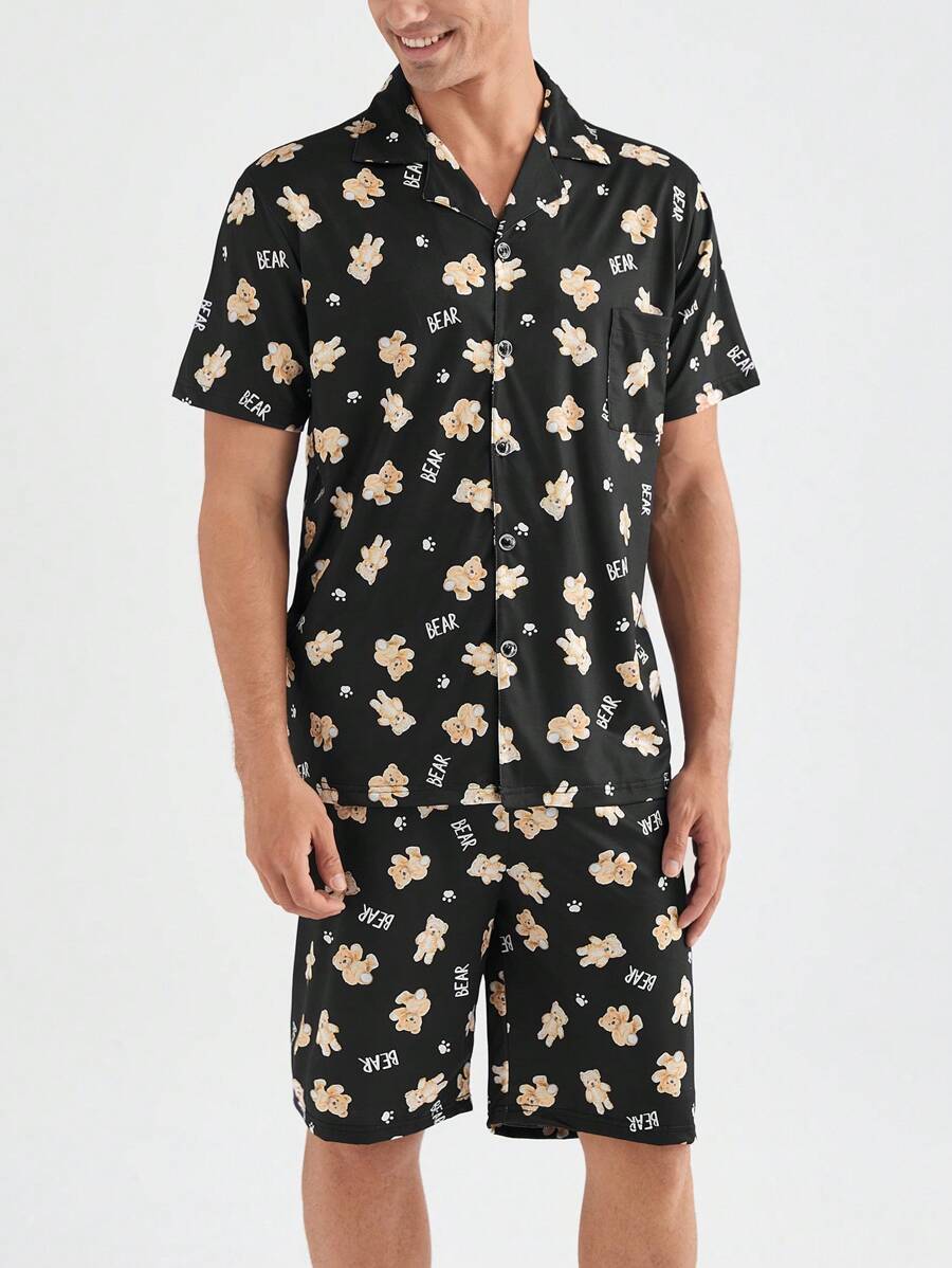 Conjunto de verano para hombre con mangas cortas y pantalones cortos con estampado completo para uso en el hogar