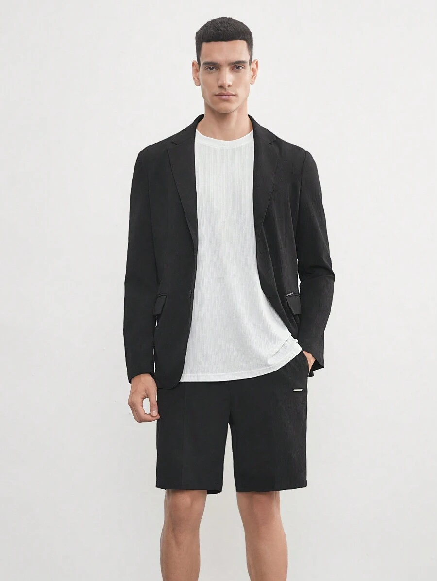 AKNOTIC Business Casual Easy Care 2pcs Men's Old Money Style Black Woven Stretch Wash-And-Wear Wrinkle-Free Suit For Summer