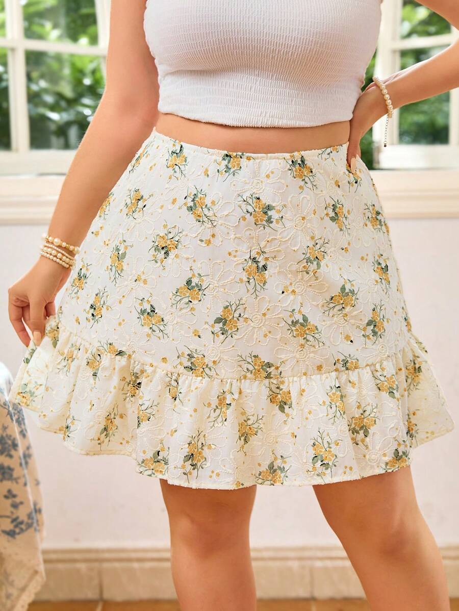 Dreamara Jupe plissée de grande taille à motif floral texturé de plusieurs couleurs, style pastoral romantique