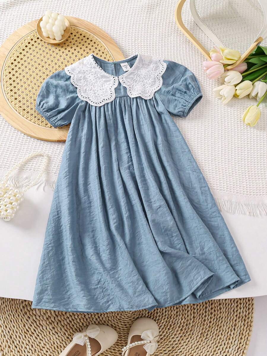 SHEIN LMoss Kids LMoss Young Girl Young Girl Woven Solid Color Peter Pan Collar Dress, Casual