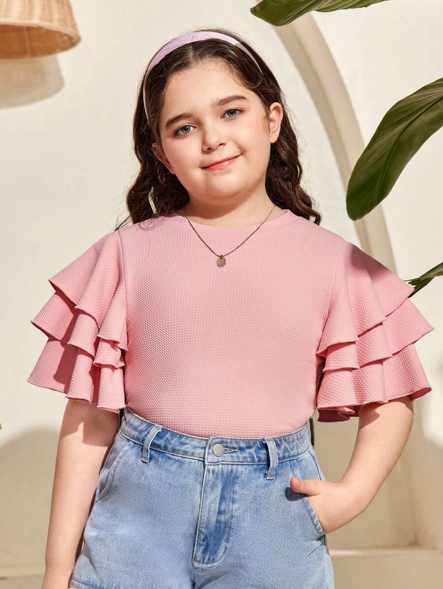 SHEIN Tween Girl Extended Size Loose Casual 3-Layer Ruffled Texture Knitted Round Neck T-Shirt