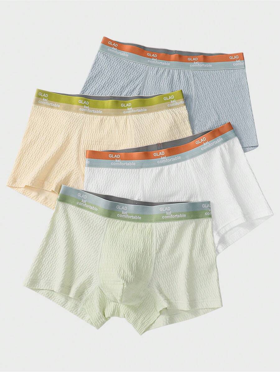 Teen Boy 4pcs Color Block Breathable And Comfortable Flat Angle Shorts Underwear Set For Summer, Made Of Unique Fabric
