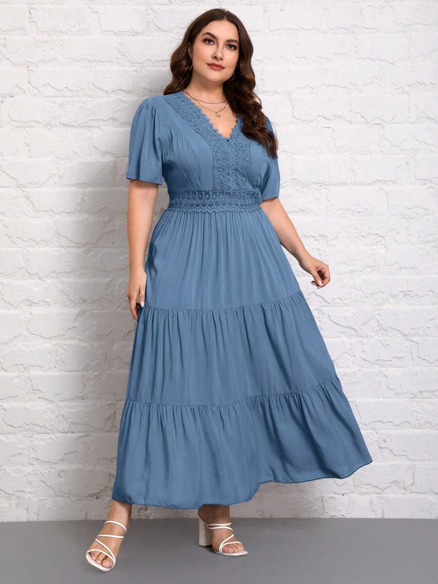 SHEIN Privé Plus Size V-Neck Elegant Lace Patchwork Long Casual Summer Holiday Short Sleeve Dress