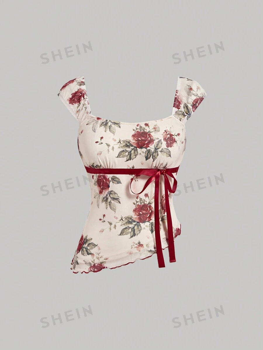 SHEIN MOD Top de tanque estampado con flores con borde asimétrico y elegante decoración de cinta para mujer