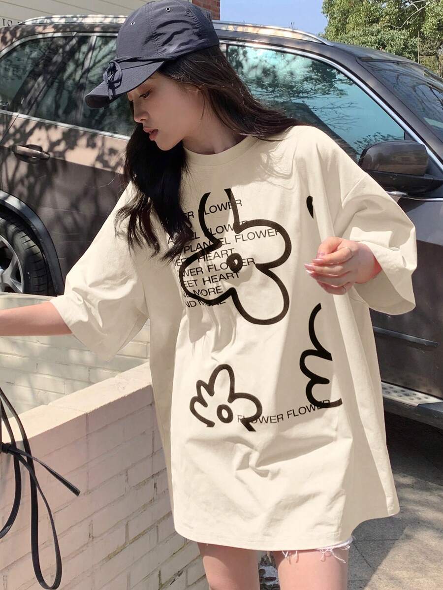 DAZY T-shirt casual oversize da donna per l'estate con stampa floreale e slogan, girocollo, magliette grafiche
