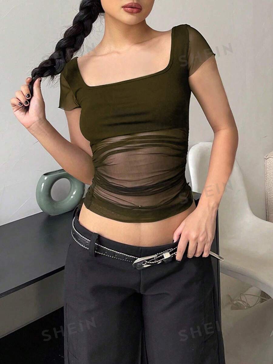 SHEIN ICON Top de manga corta verano atractivo para mujer con pliegues, cuello cuadrado y perspectiva en unicolor