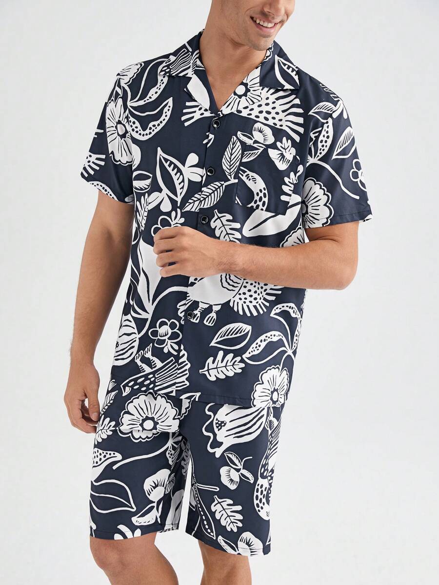Conjunto de camisa de manga corta con estampado completo y pantalones cortos para hombre, para ropa de verano en casa