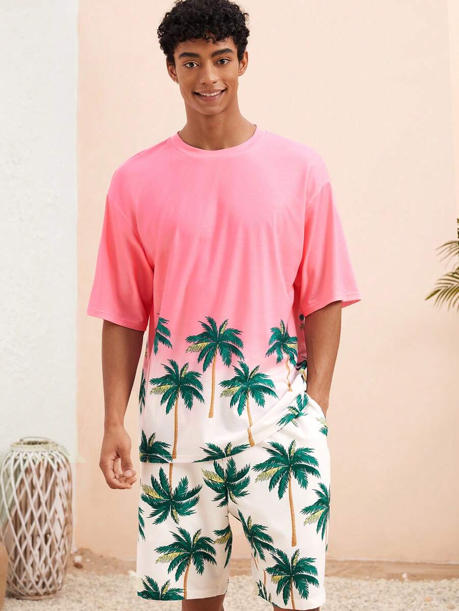 Manfinity VCAY Men Summer Palm Tree Printed Short Sleeve Knit Casual T-Shirt And Shorts Set