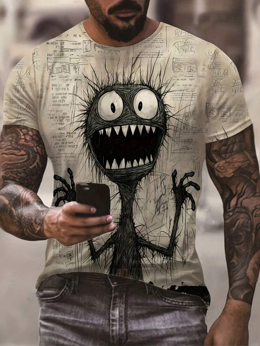 Camiseta de manga corta de cuello redondo con estampado de dibujos animados casual para hombre, de verano