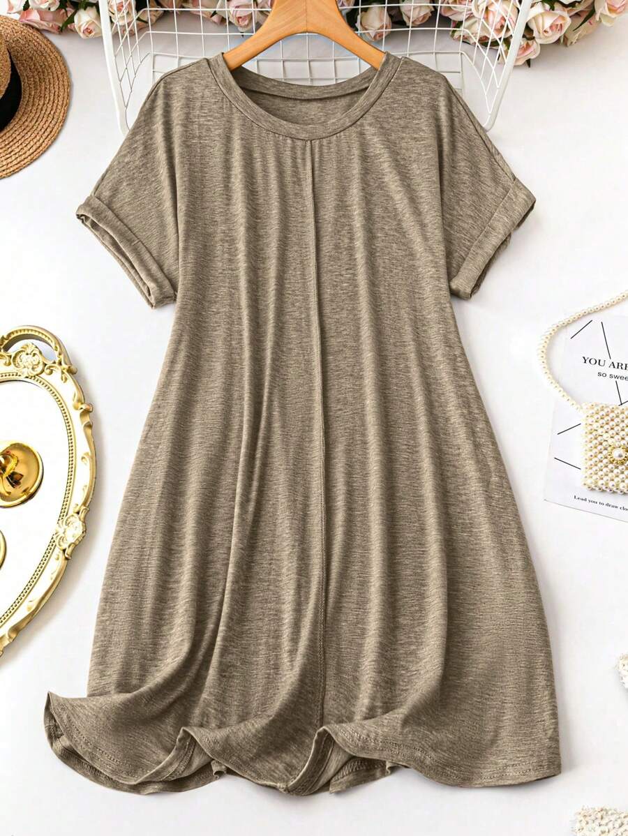 EMERY ROSE Plus Size Casual Solid Color Batwing Sleeve Dress For Spring/Summer