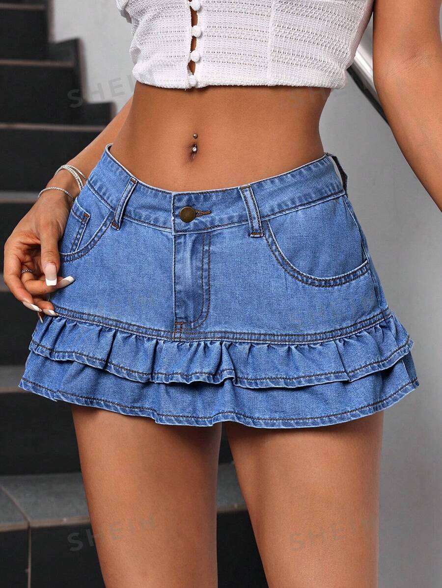 SHEIN ICON Falda de mezclilla casual para mujer con doble capa y dobladillo con volantes y bolsillos