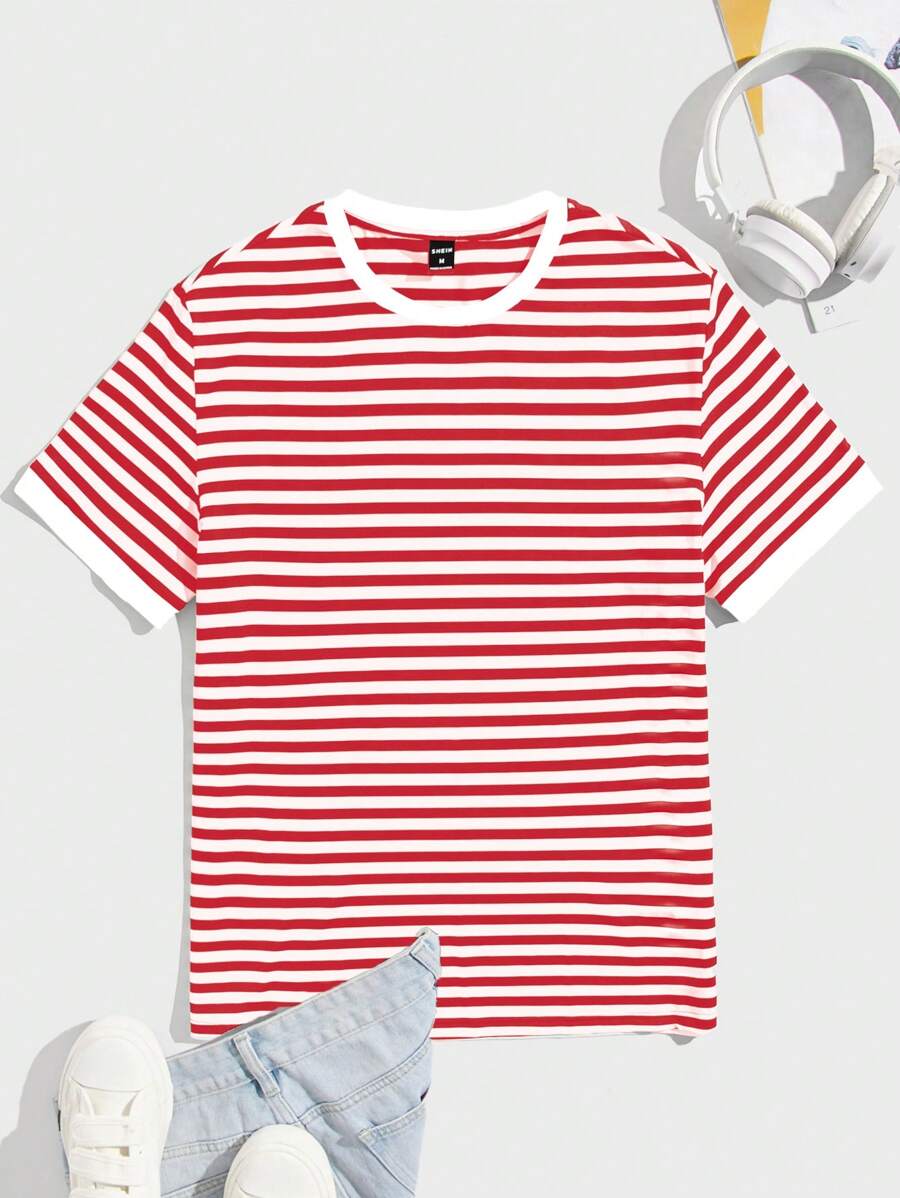 Manfinity VCAY Maglietta casual da uomo a maniche corte con stampa a righe estive e girocollo