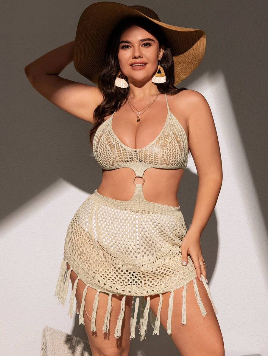 Plus Size Solid Color Hollow Out Summer Cover-Up With Halter & Spaghetti Straps