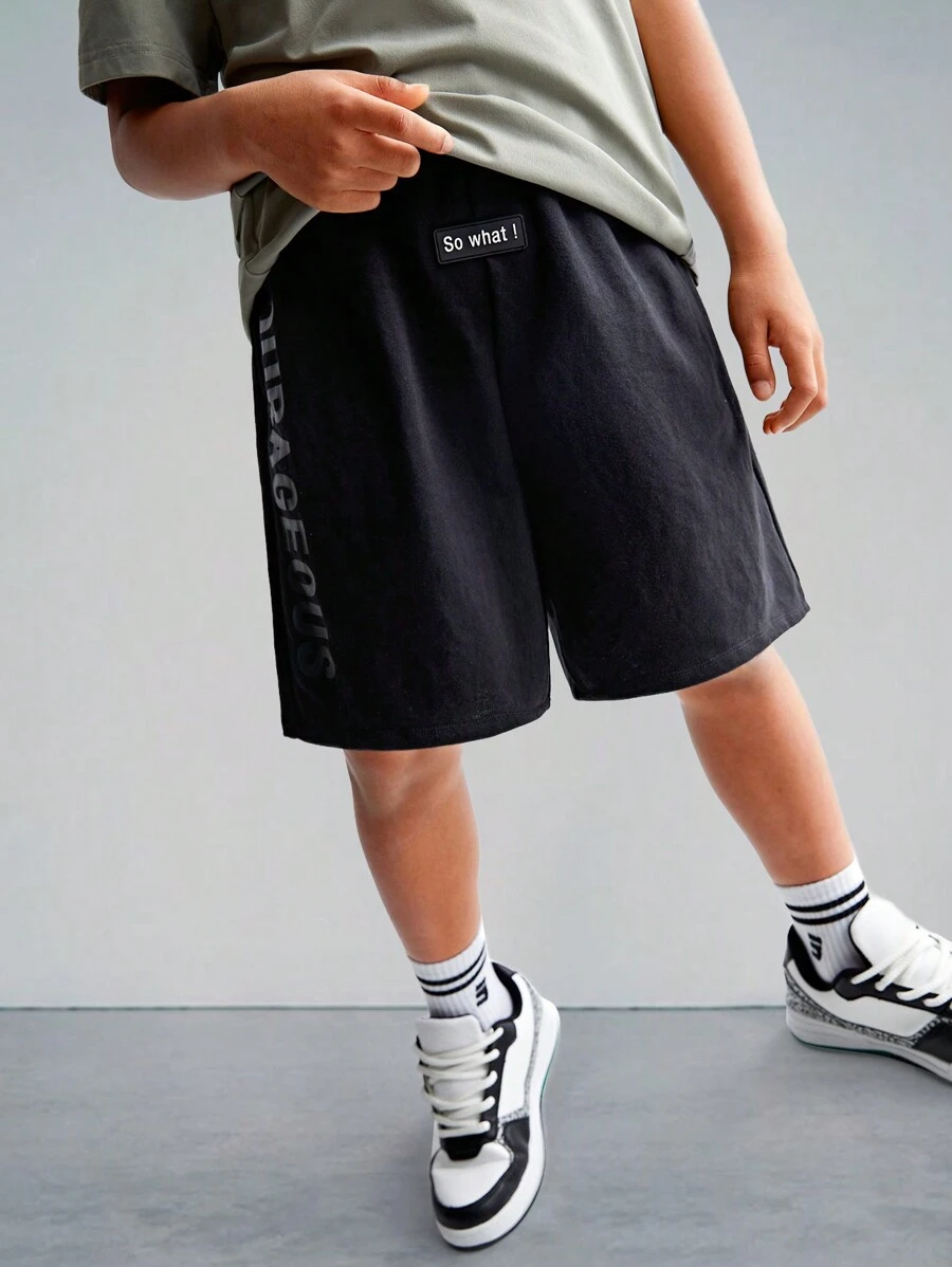 SHEIN Tween Boy Knit Solid Color Letter Print Design Drawstring Shorts With Pockets