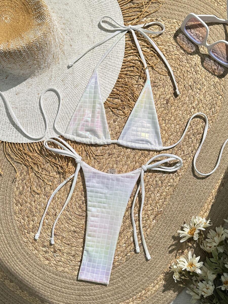 Damska letnia plaża z metalową teksturą, dekolt w serek, seksowne bikini z oddzielnym zestawem bikini mikro trójkąt