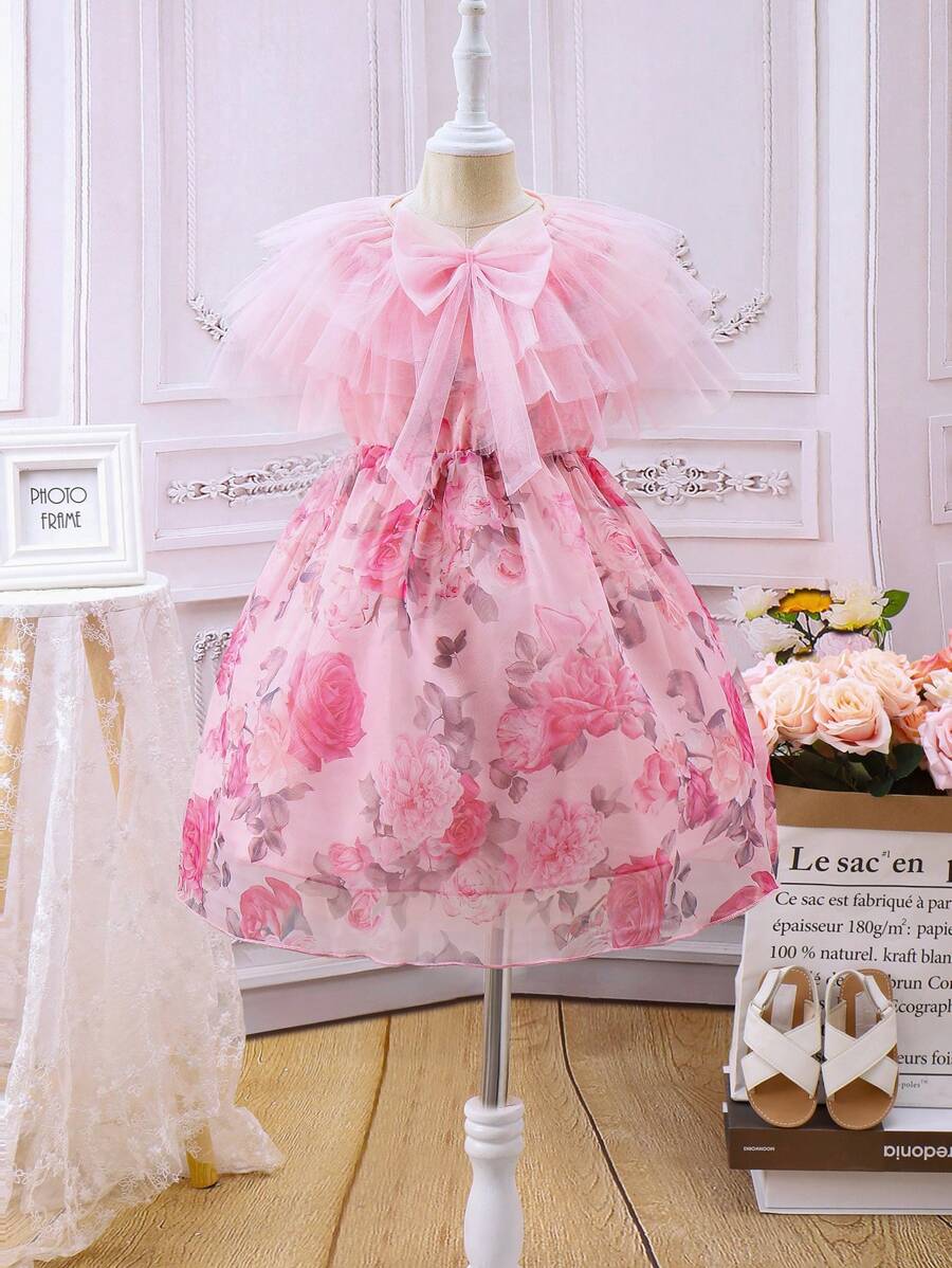 SHEIN Vestido de duas peças com Top de lenço de Rede Impressa para Meninas Jovens para o Verão