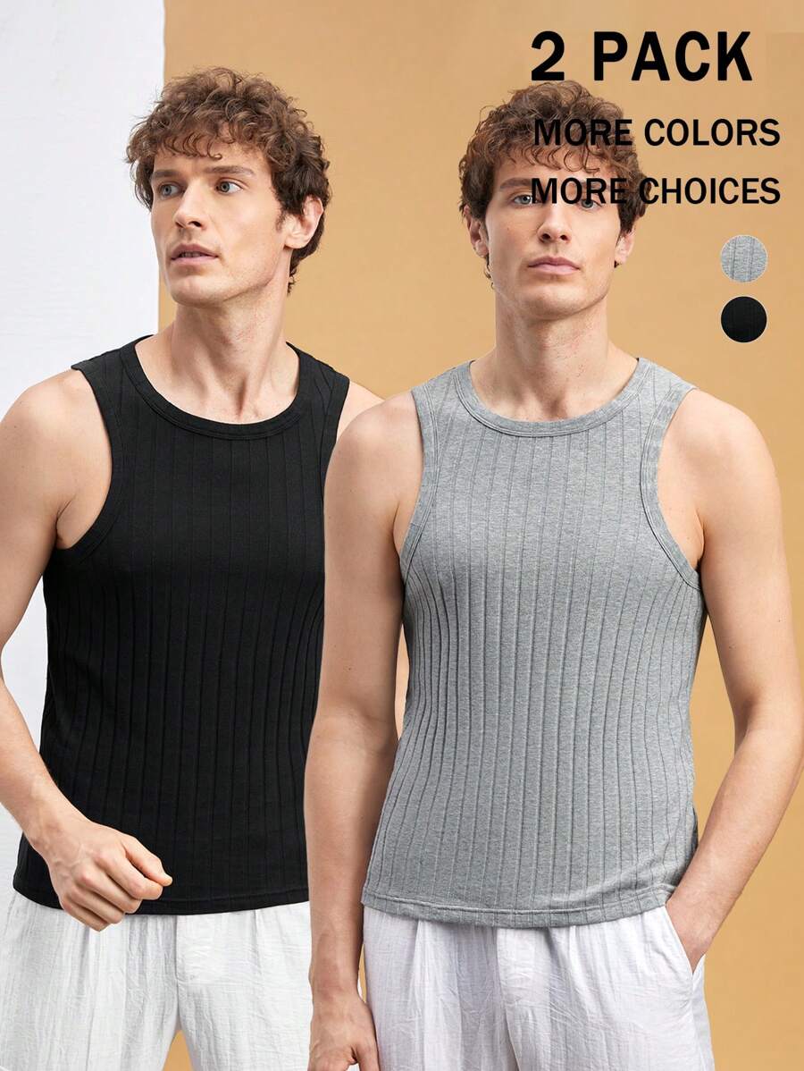 Manfinity VCAY Men's 2pcs Solid Color Knitted Striped Sleeveless Regular Fit Casual Top, Suitable For Everyday Outfit In Spring And Summer