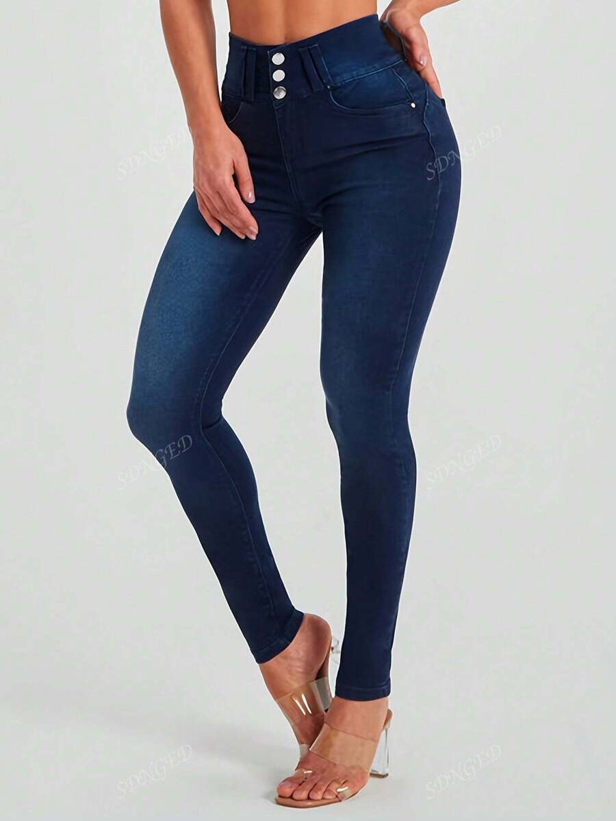 American Style Multi-Button Design Tight Lifting Waist Slim Fit Jeans