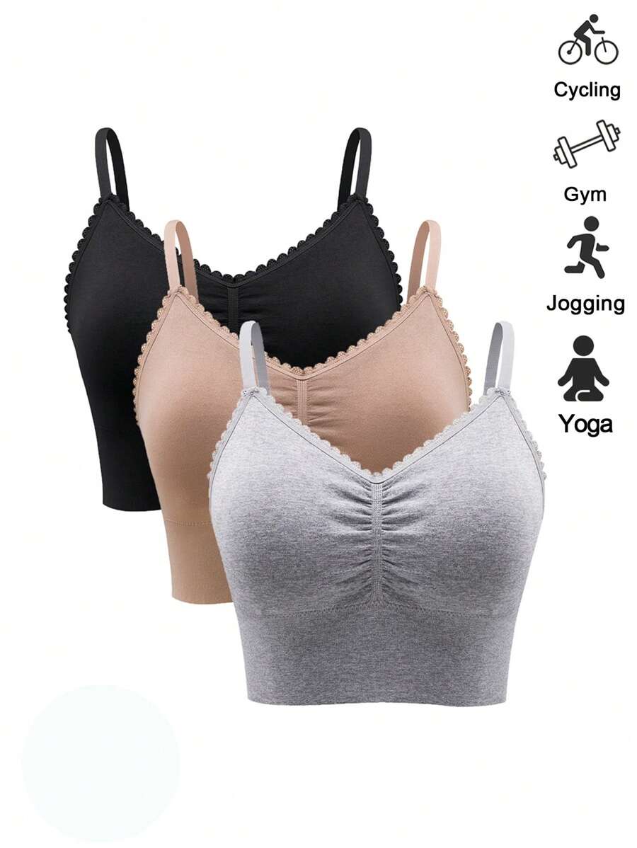 Shein Underwear&Sleepwear Basics 3 قطع من حمالات الصدر الرياضية بتصميم متباين من الدانتيل و بالون متماسك، ضروريات اليوجا