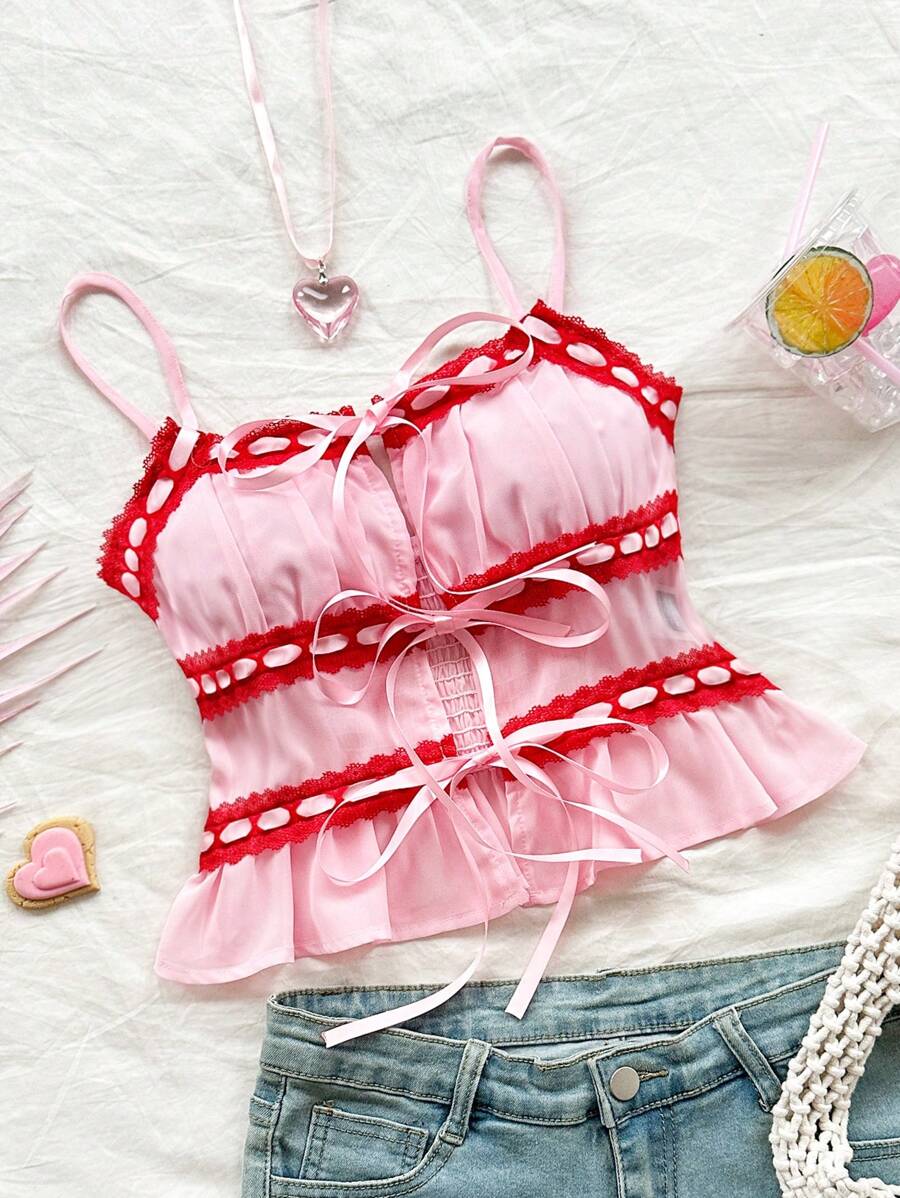 Soleia WYWH Women Pink Mix Red Lace-Up Halterneck Top With Ruffle Hem For Vacation