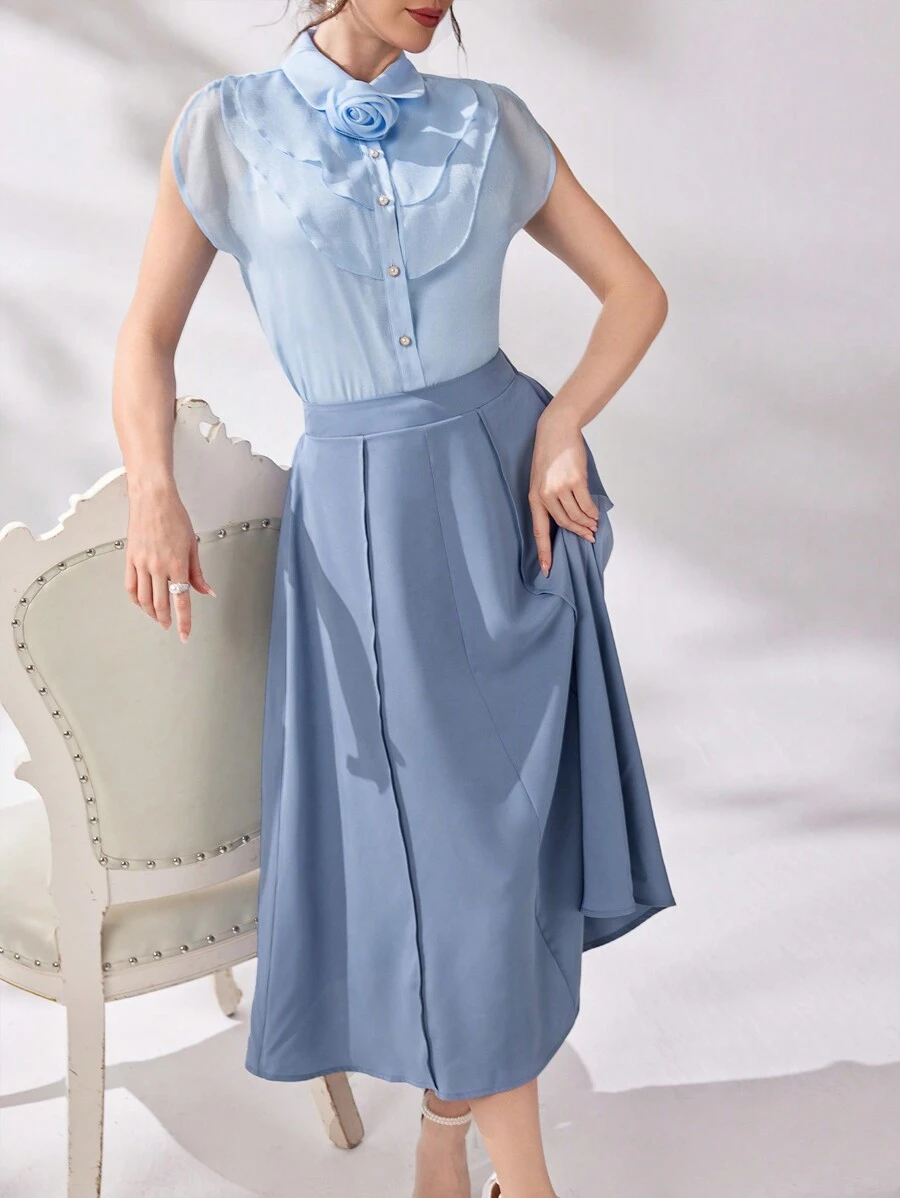Modelyn Elegant Women's 3D Floral Decorated Top And Skirt Set