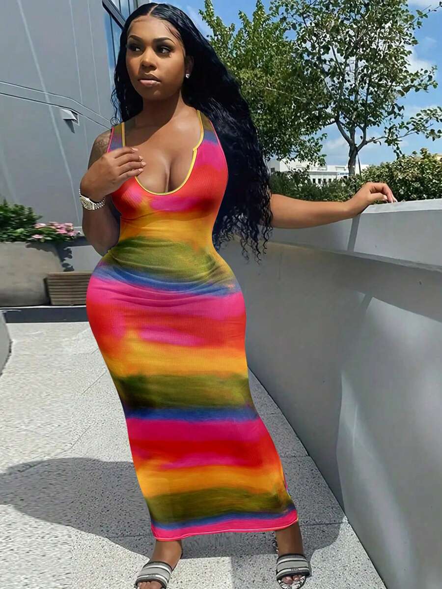 INAWLY Plus Size Women's Tie-Dye Sleeveless Bodycon Casual Dress For Summer
