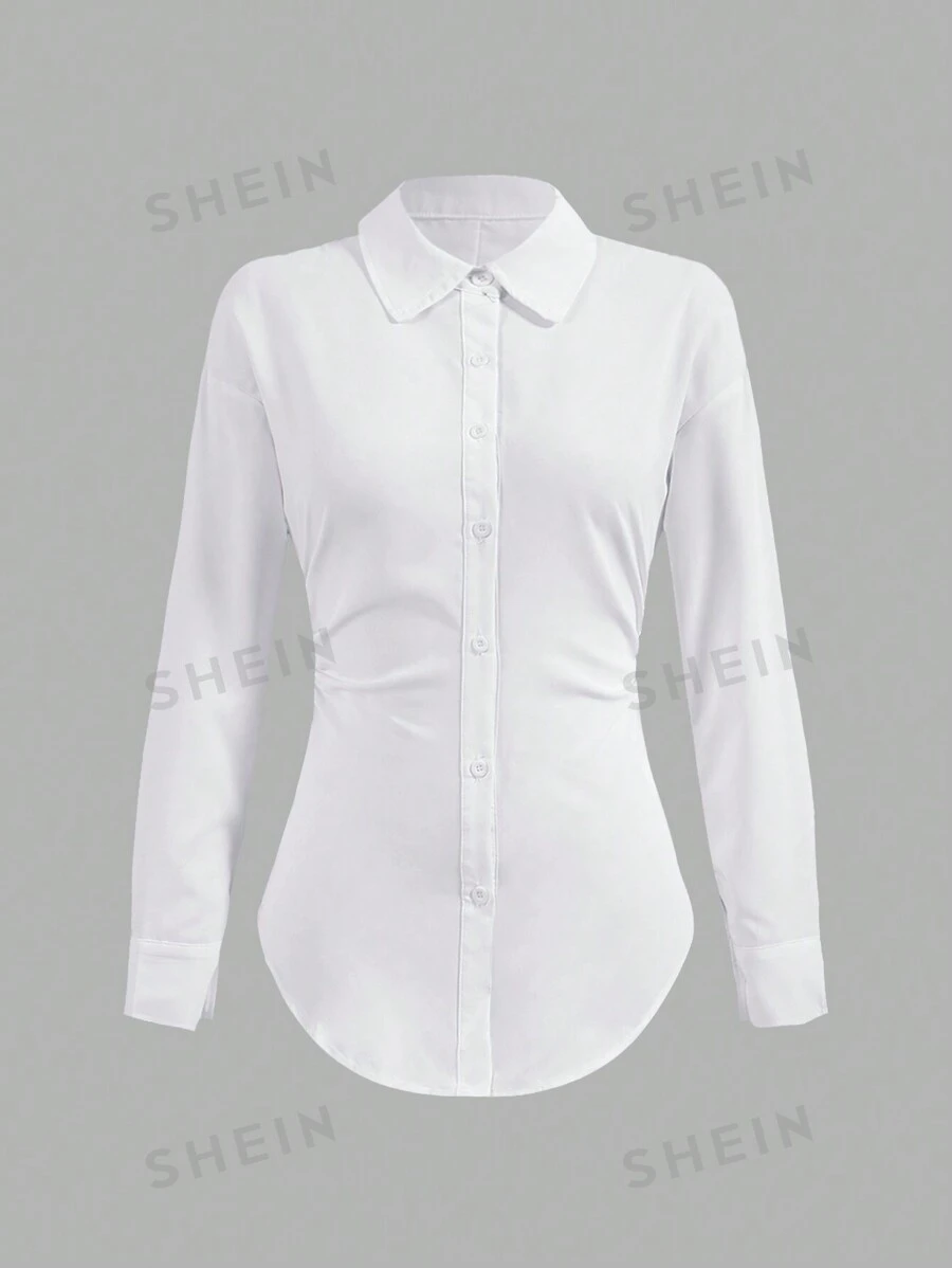 Flirla Camisa de manga larga con cintura fruncida, borde asimétrico y unicolor