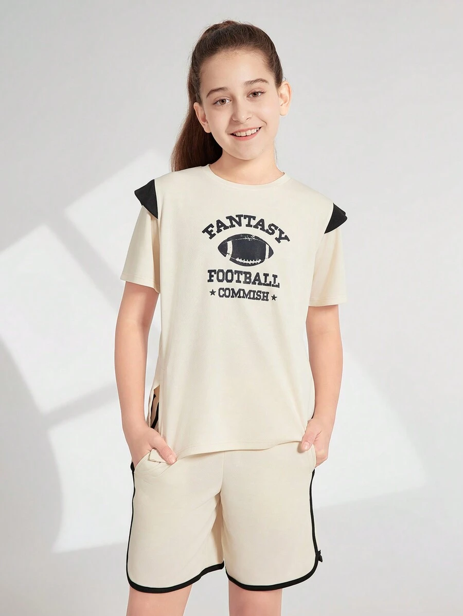 SHEIN Conjunto de ropa deportiva para niña preadolescente, camiseta de cuello redondo de manga corta y shorts, 2 piezas