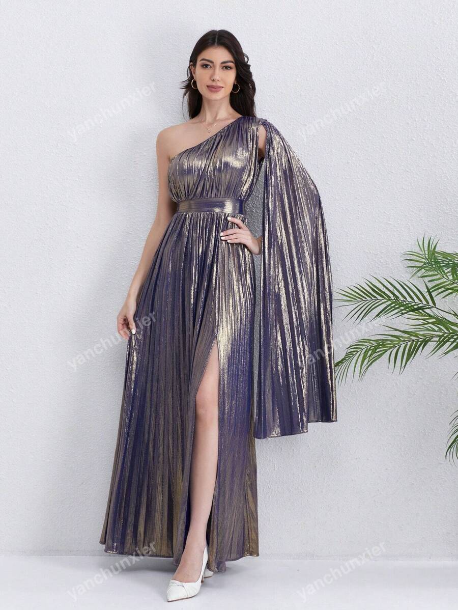 Women's Solid Color Metallic Fabric, Heavy Pleated Single Shoulder, Paired With Balloon Sleeves A-Line High-Low Hem Slit Dress, Suitable For Party/Wedding/Wedding Guest, Luxurious Evening Dresses For Women, Fall Women Clothes