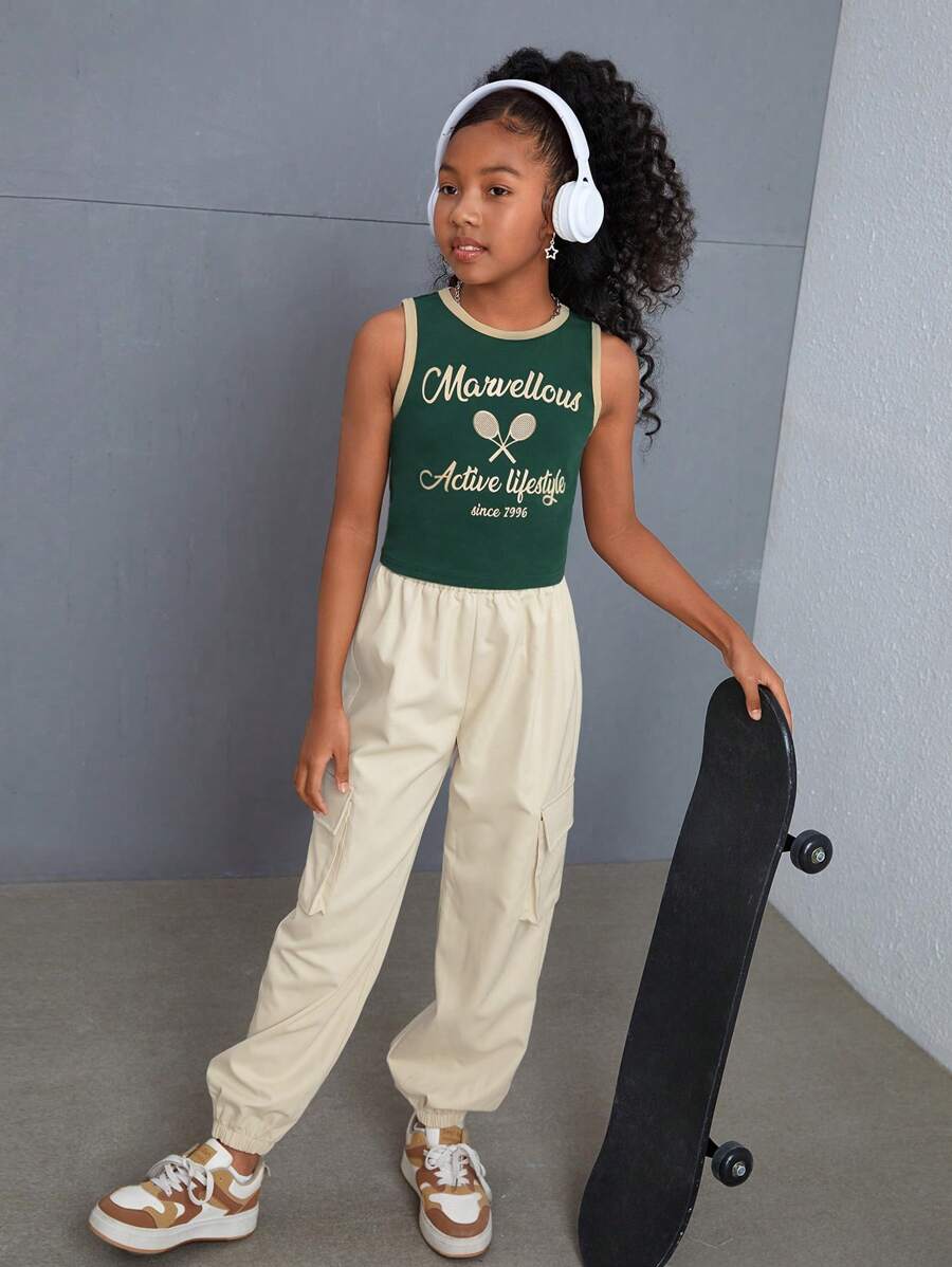 SHEIN Conjunto de Blusa sem Manga de Malha com Gola Redonda e Calça de Moletom de Cor Lisa Tecida na Moda para Meninas Adolescentes para a Primavera/Verão