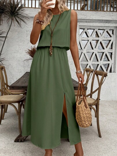SHEIN LUNE Sleeveless Round Neck Solid Color Casual & Commute Dress With Cinched Waist And Split Hem For Women Maxi Women Outfit