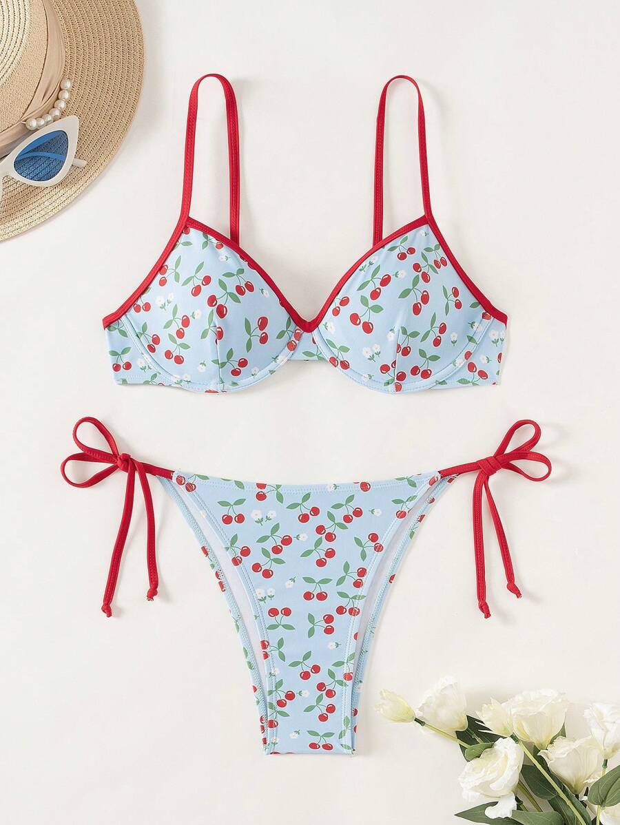 Women's Summer Beach Cherry Printed Bikini Set - Tie-Up Halter Top And Sexy Cute Bottoms